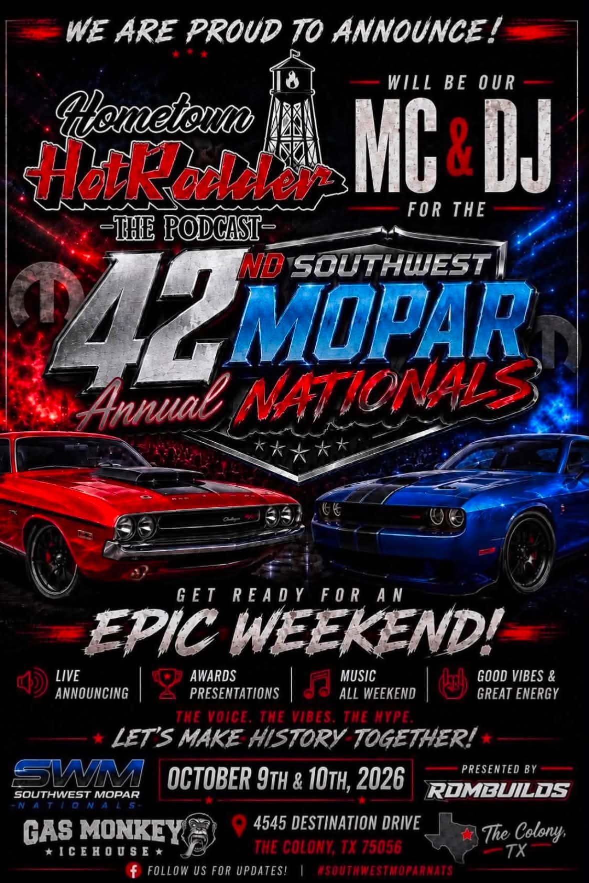 Southwest Mopar 42nd Annual Nationals event at Gas Monkey Icehouse in The Colony, TX on October 9, 2026