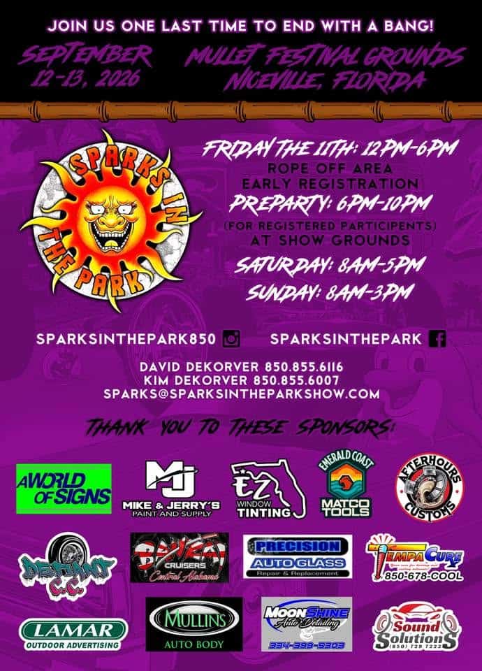 Sparks in the Park Final Car Show event at Mullet Festival Grounds in Niceville, FL on September 12, 2026