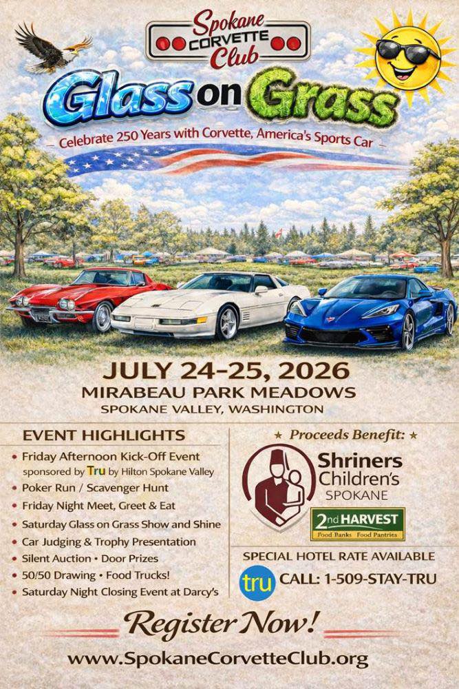 Spokane Corvette Club Glass on Grass event at Mirabeau Park Meadows in Spokane Valley, WA on July 24, 2026