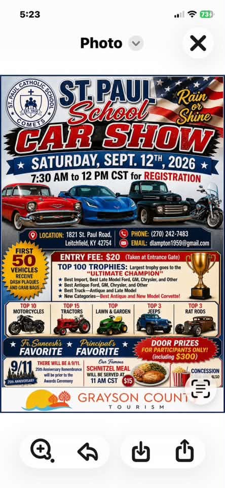 St. Paul Catholic School Comets Car Show event at St. Paul Catholic School in Leitchfield, KY on September 12, 2026