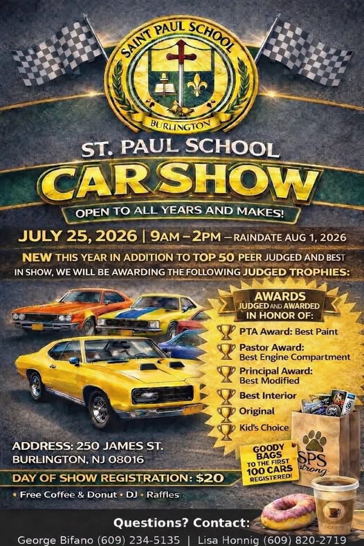 St. Paul School Burlington Car Show event at St. Paul School in Burlington, NJ on July 25, 2026