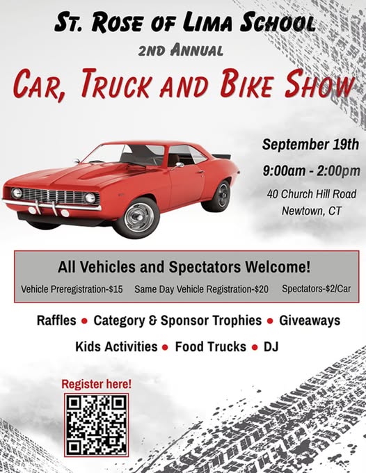 St. Rose of Lima School Car, Truck and Bike Show event at St. Rose of Lima School in Newtown, CT on September 19, 2026