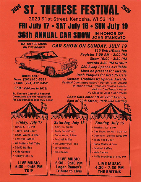 St. Therese Festival 36th Annual John Stancato Memorial Car Show event at St. Therese Church in Kenosha, WI on July 19, 2026