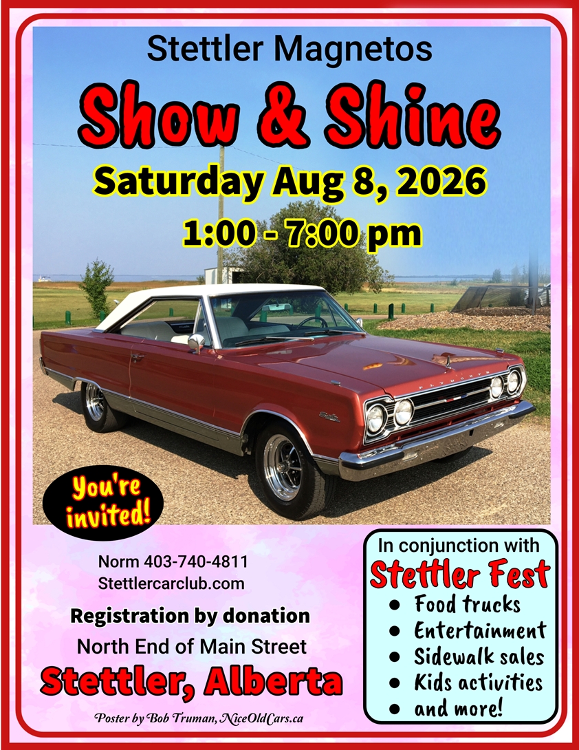 Stettler Magnetos Show & Shine event at North End of Main Street in Stettler, AB on August 8, 2026