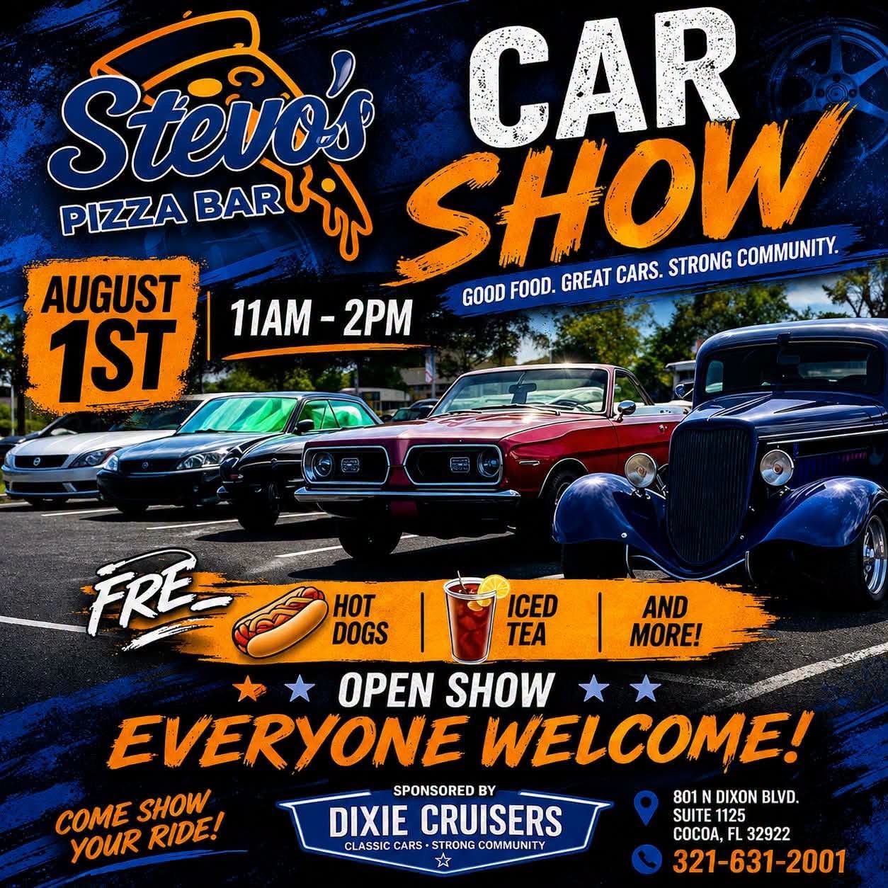 Stevo's Pizza Bar Car Show sponsored by Dixie Cruisers event at Stevo's Pizza Bar in Cocoa, FL on August 1, 2026