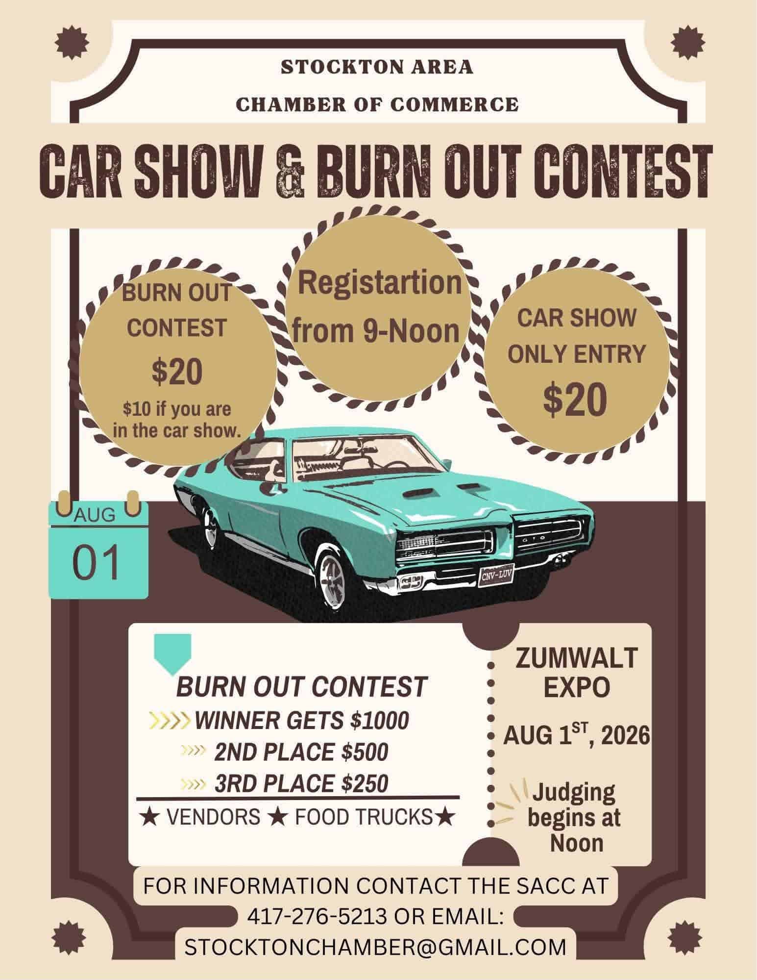 Stockton Area Chamber of Commerce Car Show & Burn Out Contest event at Zumwalt Expo in Stockton, MO on August 1, 2026