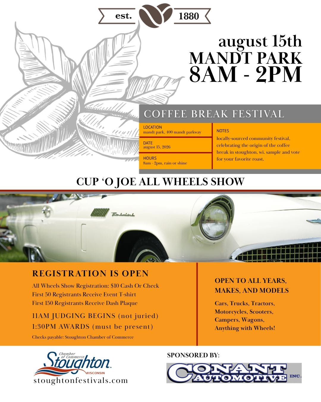 Stoughton Coffee Break Festival Cup 'o Joe All Wheels Show event at Mandt Park in Stoughton, WI on August 15, 2026