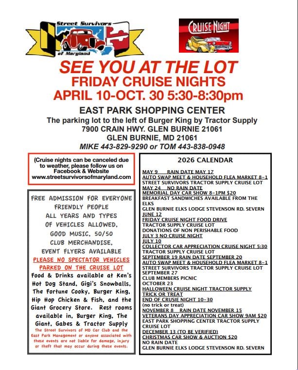 Street Survivors of Maryland Friday Cruise Nights event at East Park Shopping Center in Glen Burnie, MD on April 10, 2026
