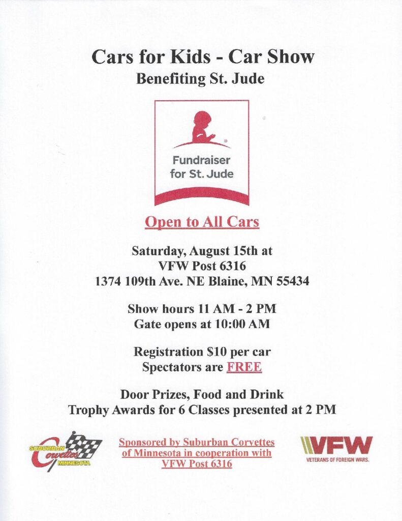 Suburban Corvettes of Minnesota Cars for Kids Car Show event at VFW Post 6316 in Blaine, MN on August 15, 2026