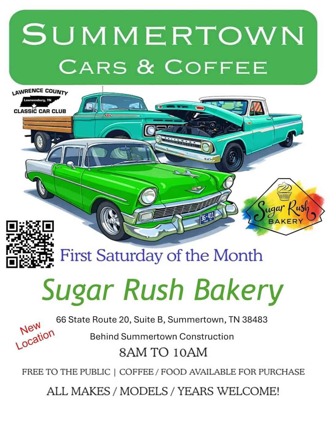 Summertown Cars & Coffee event at Sugar Rush Bakery in Summertown, TN on August 1, 2026