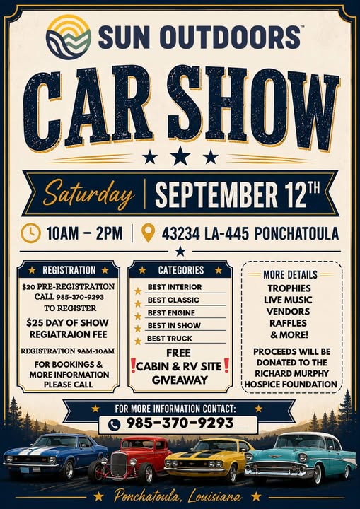 Sun Outdoors Car Show event at Sun Outdoors in Ponchatoula, LA on September 12, 2026