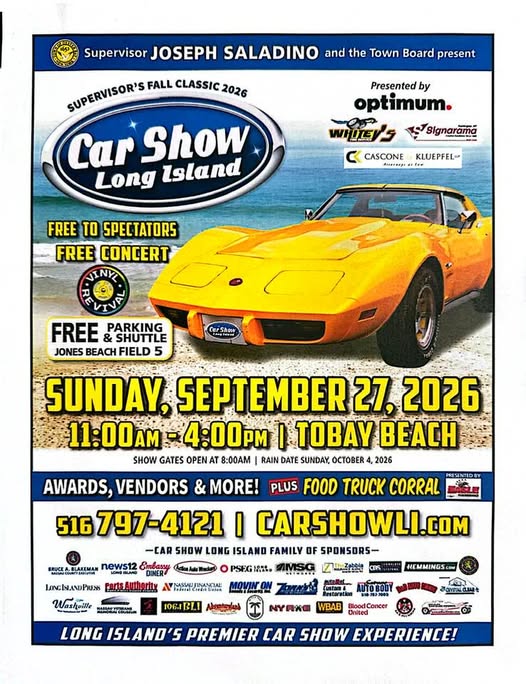 Supervisor Joseph Saladino's Fall Classic 2026 Car Show event at Tobay Beach in Massapequa, NY on September 27, 2026