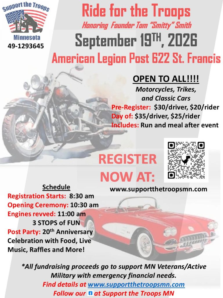 Support the Troops Minnesota Ride for the Troops Honoring Founder Tom 'Smitty' Smith event at American Legion Post 622 in St. Francis, MN on September 19, 2026