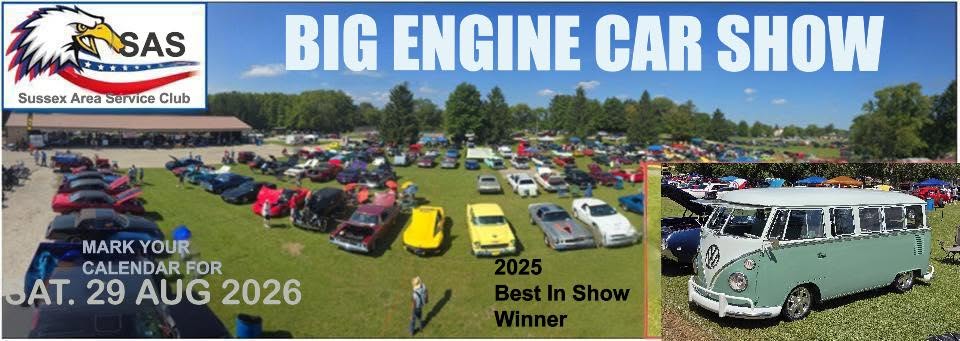 Sussex Area Service Club Big Engine Car Show event at Sussex Village Park in Sussex, WI on August 29, 2026