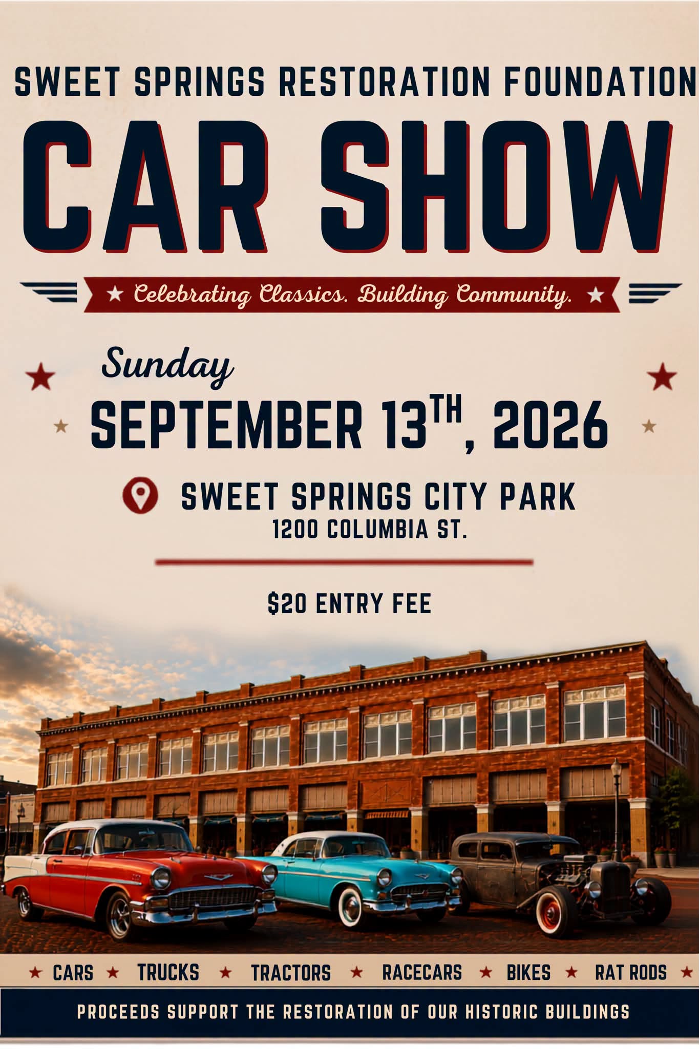 Sweet Springs Restoration Foundation Car Show event at Sweet Springs City Park in Sweet Springs, MO on September 13, 2026