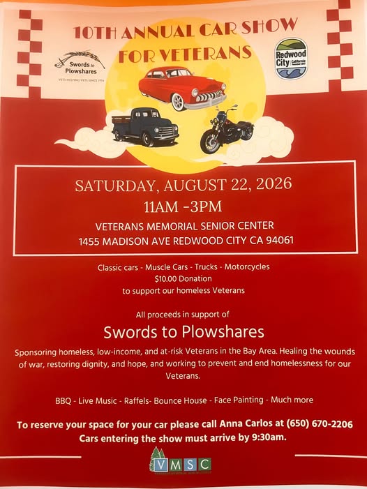 Swords to Plowshares Car Show event at Veterans Memorial Senior Center in Redwood City, CA on August 22, 2026