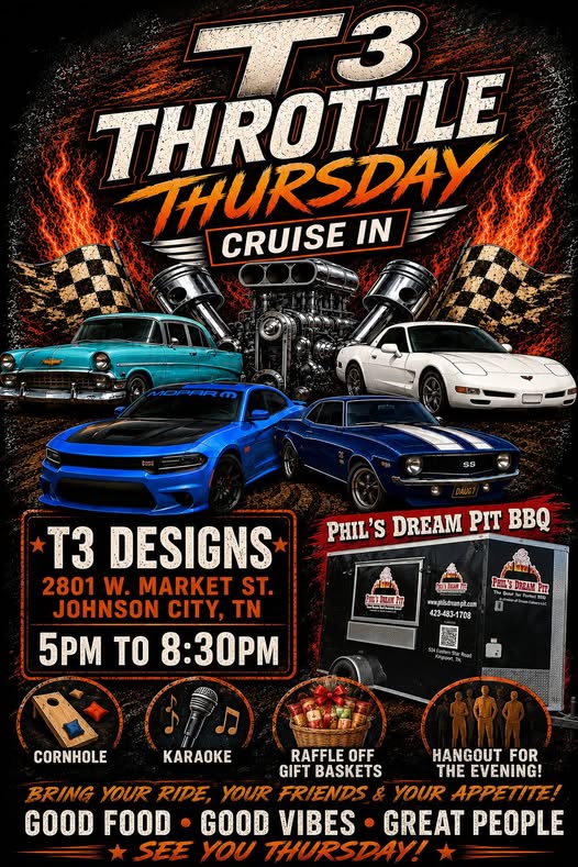 T3 Designs Throttle Thursday Cruise in event at T3 Designs in Johnson City, TN on July 9, 2026