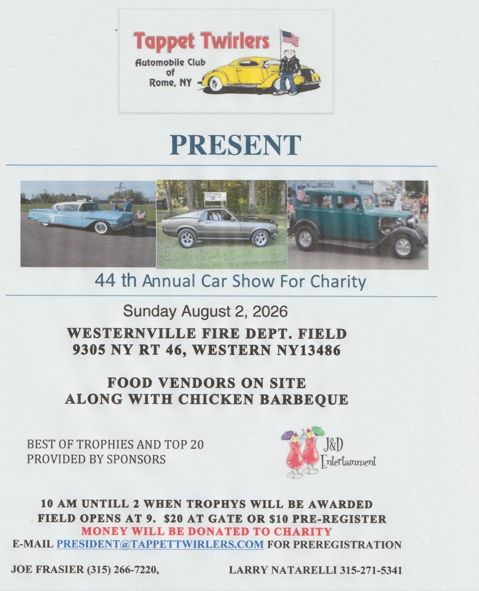 Tappet Twirlers Automobile Club of Rome 44th Annual Car Show for Charity event at Westernville Fire Dept. Field in Westernville, NY on August 2, 2026