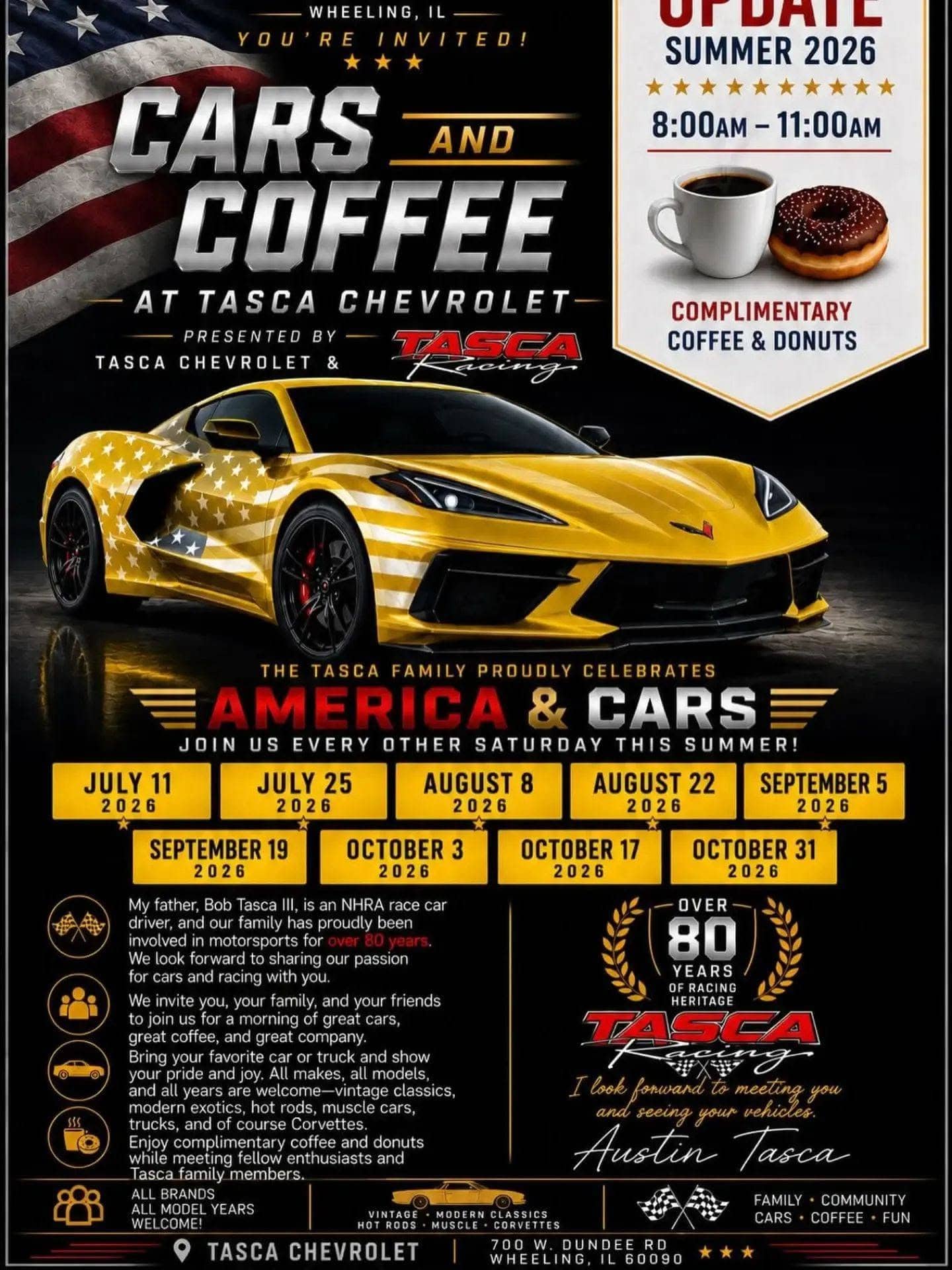Tasca Chevrolet Cars and Coffee event at Tasca Chevrolet in Wheeling, IL on July 25, 2026