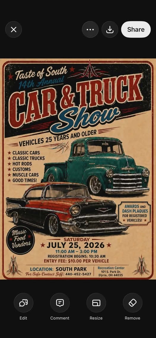 Taste of South 14th Annual Car & Truck Show event at South Park Recreation Center in Elyria, OH on July 25, 2026