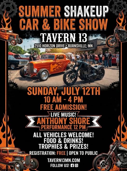 Tavern 13 Summer Shakeup Car & Bike Show event at Tavern 13 in Burnsville, MN on July 12, 2026