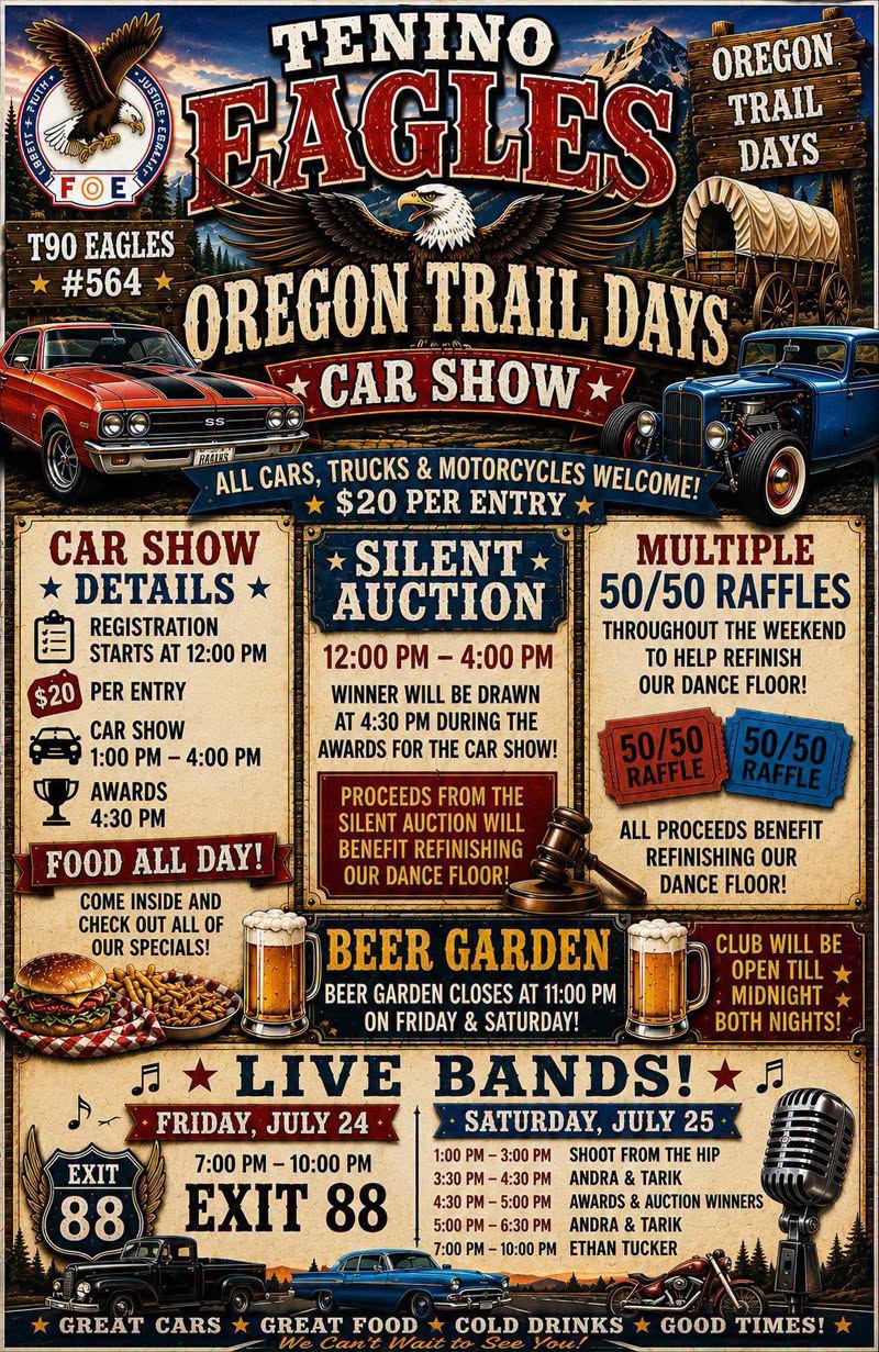 Tenino Eagles Oregon Trail Days Car Show event at Tenino Eagles #564 in Tenino, WA on July 25, 2026