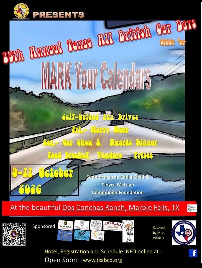 Texas All British Car Days 35th Annual Car Show event at Dos Conchas Ranch in Marble Falls, TX on October 9, 2026