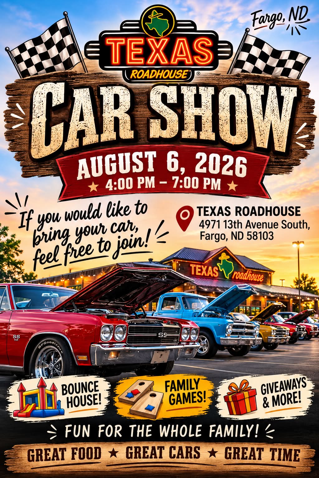 Texas Roadhouse Car Show event at Texas Roadhouse in Fargo, ND on August 6, 2026