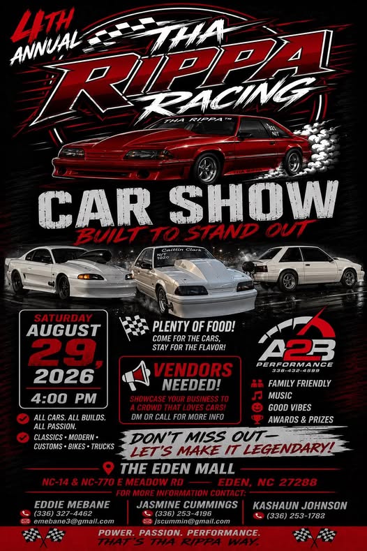 Tha Rippa Racing 4th Annual Car Show event at The Eden Mall in Eden, NC on August 29, 2026