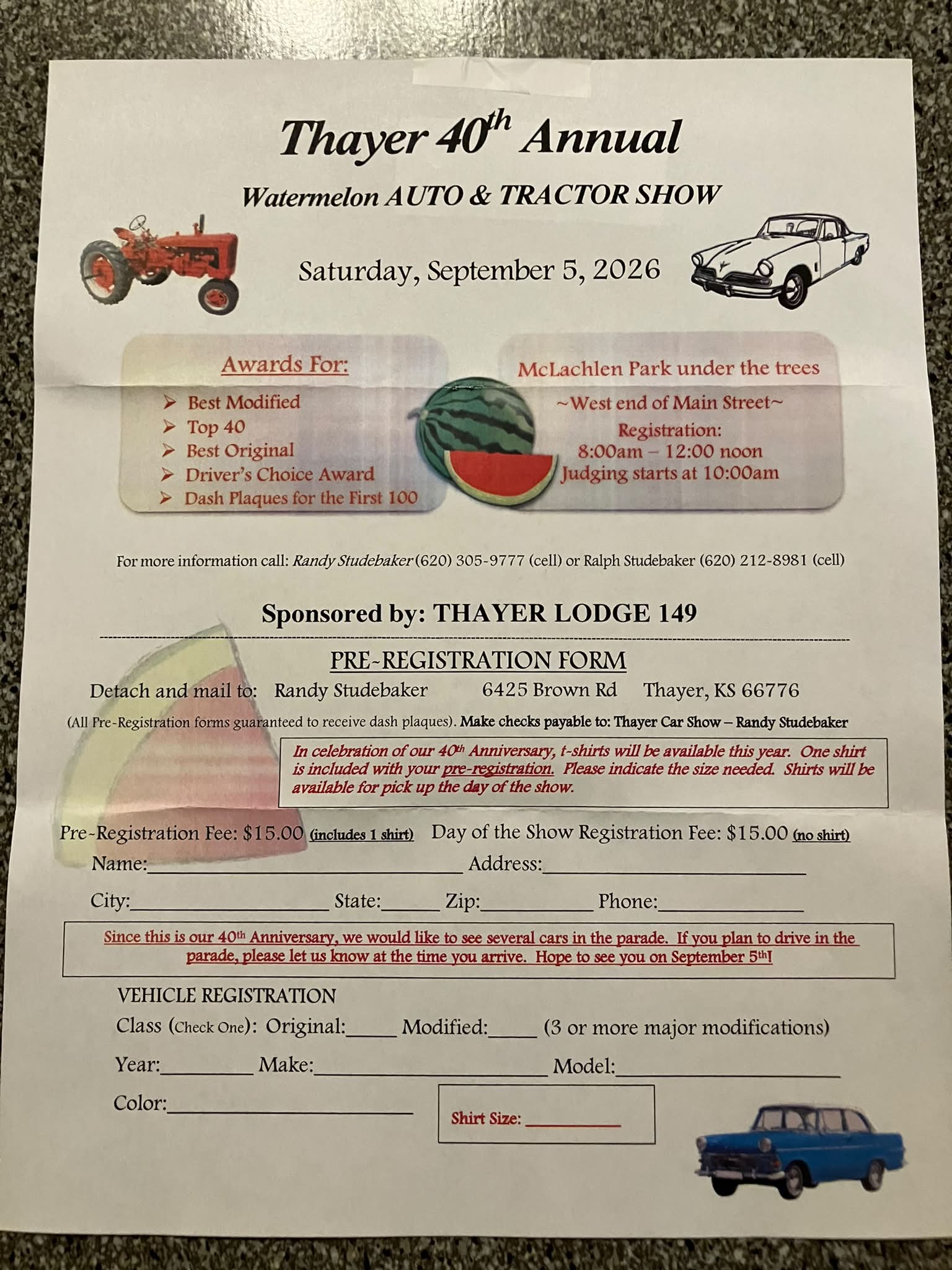 Thayer Lodge 149 40th Annual Watermelon Auto & Tractor Show event at McLachlen Park in Thayer, KS on September 5, 2026