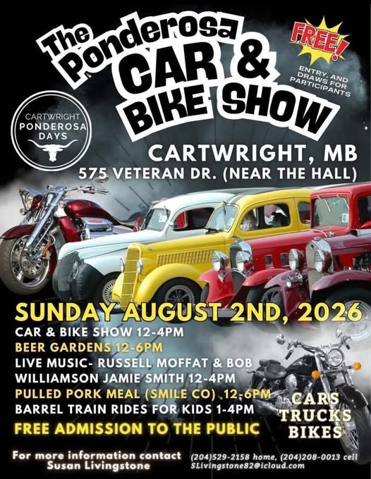 The Bondersosa Car & Bike Show event at 575 Veteran Dr. in Cartwright, MB on August 2, 2026