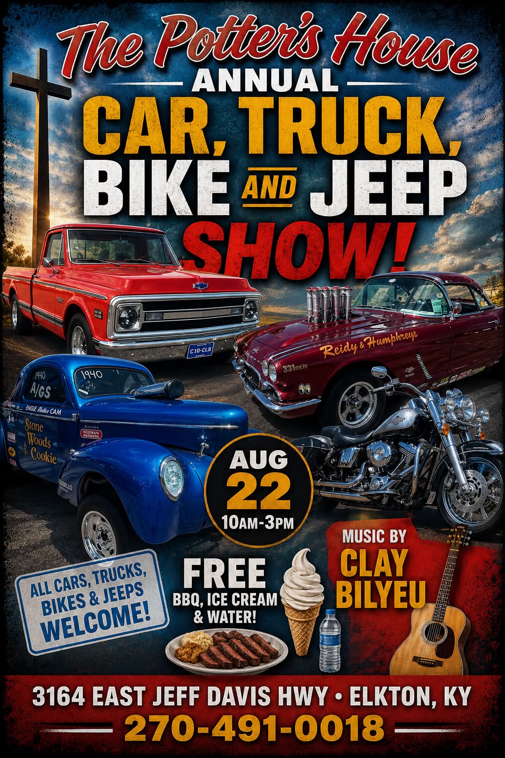The Potter's House Annual Car, Truck, Bike and Jeep Show event at The Potter's House in Elkton, KY on August 22, 2026
