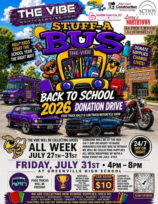 The Vibe Stuff a Bus Back to School Car Show event at Greenville High School in Greenville, MI on July 31, 2026