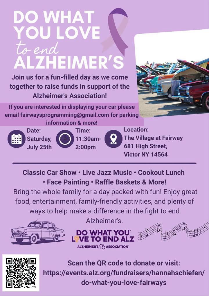 The Village at Fairway Do What You Love to End Alzheimer's Classic Car Show event at The Village at Fairway in Victor, NY on July 25, 2026