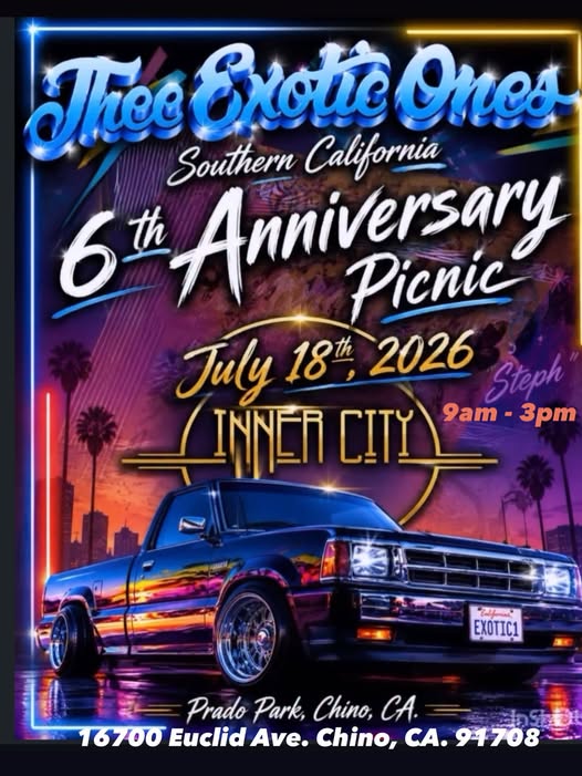 Thee Exotic Ones Southern California 6th Anniversary Picnic event at Prado Park in Chino, CA on July 18, 2026