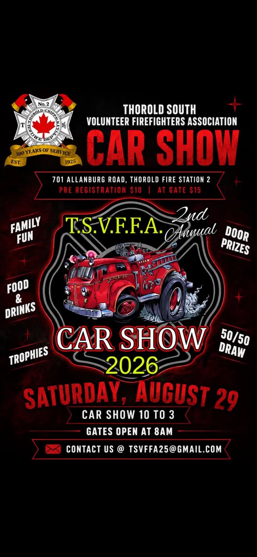 Thorold South Volunteer Firefighters Association 2nd Annual Car Show event at Fire Station 2 in Thorold, ON on August 29, 2026
