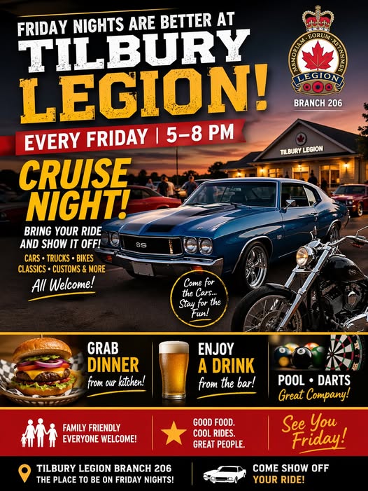 Tilbury Legion Branch 206 Cruise Night event at Tilbury Legion Branch 206 in Tilbury, ON on July 10, 2026