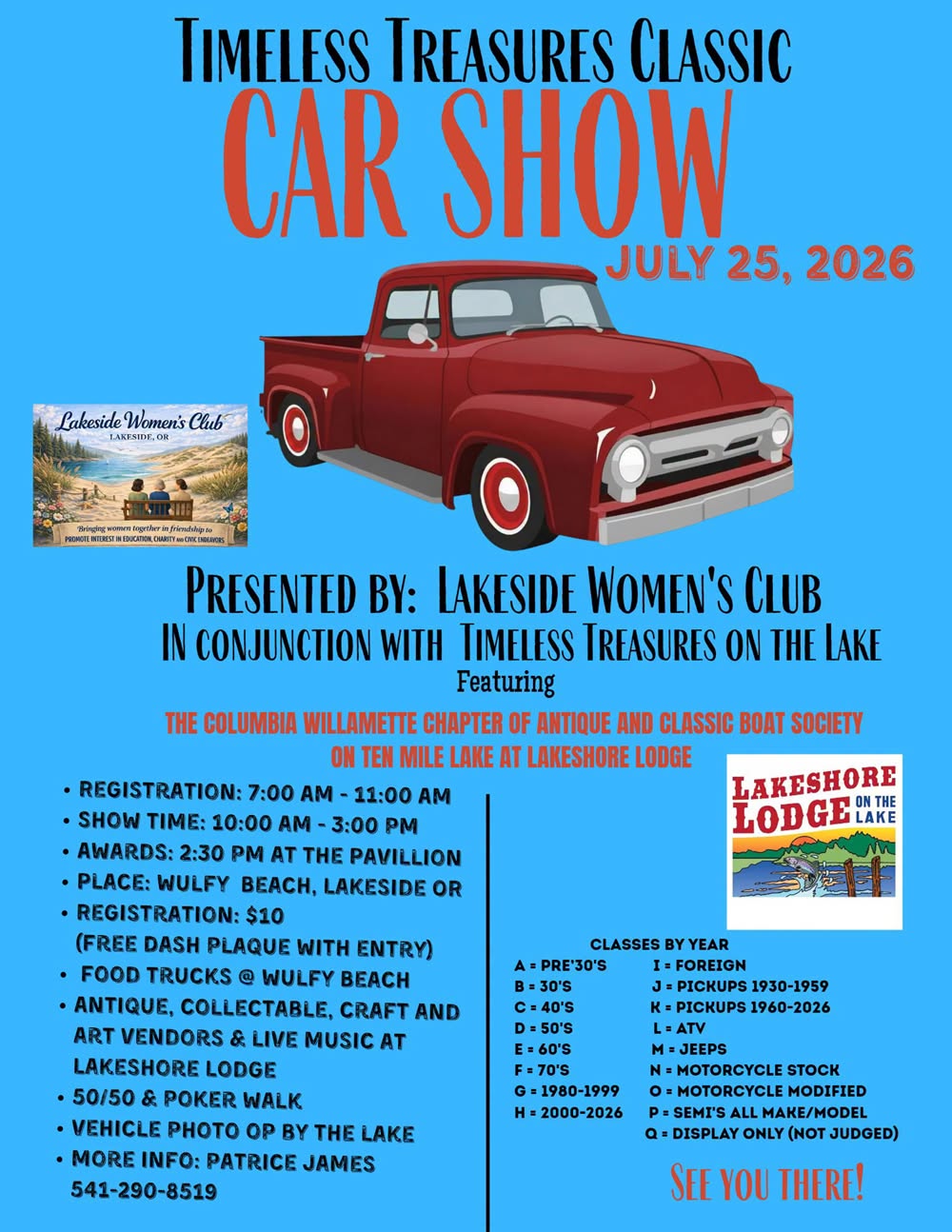 Timeless Treasures Classic Car Show event at Wulfy Beach in Lakeside, OR on July 25, 2026