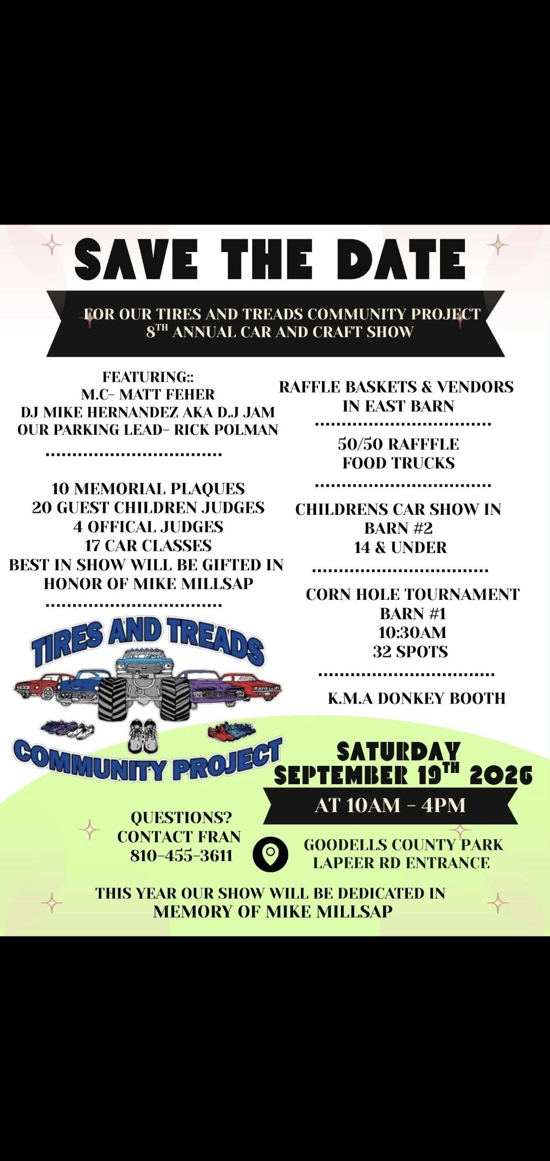 Tires and Treads Community Project 8th Annual Car and Craft Show event at Goodells County Park in Goodells, MI on September 19, 2026