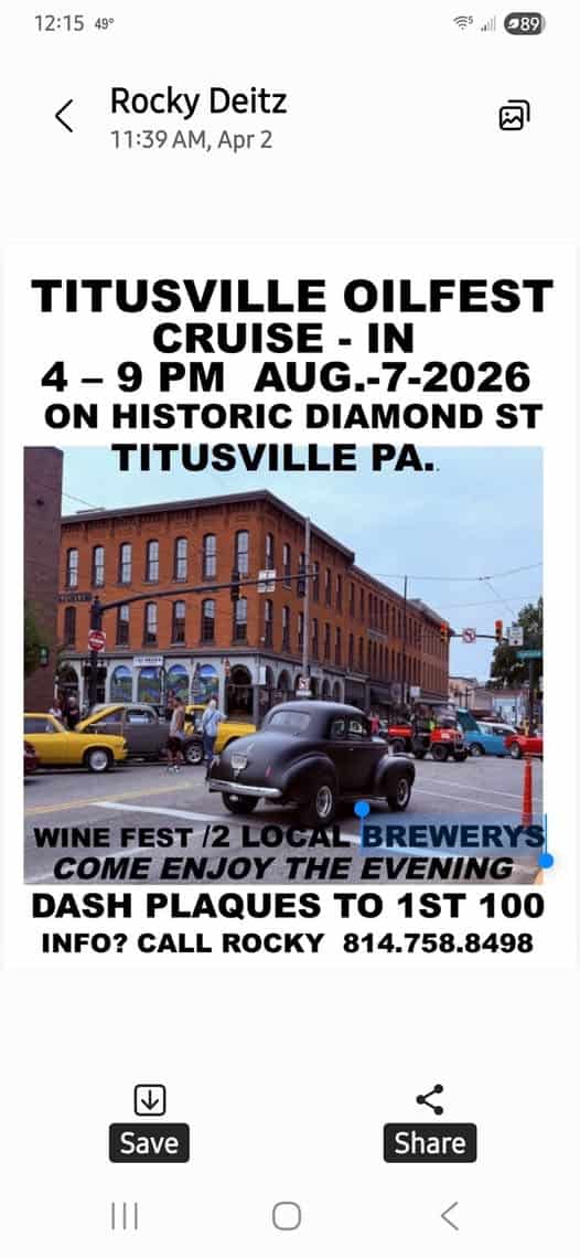 Titusville Oilfest Cruise-In event at Historic Diamond Street in Titusville, PA on August 7, 2026