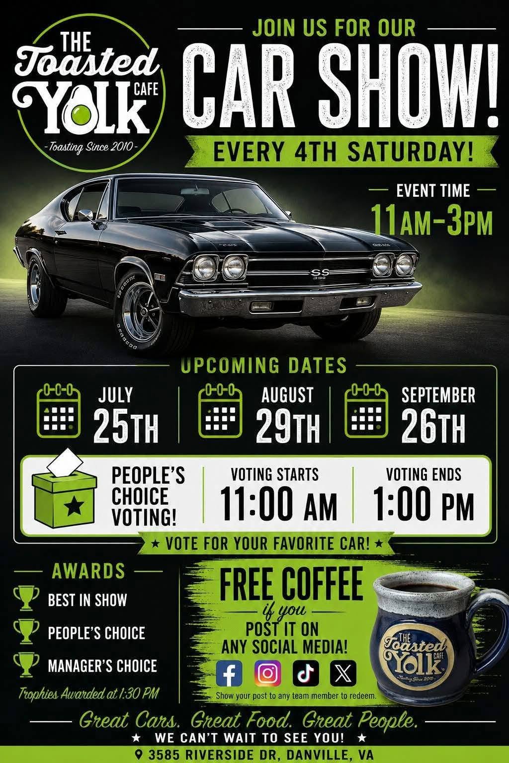Toasted Yolk Cafe Car Show event at Toasted Yolk Cafe in Danville, VA on July 26, 2026