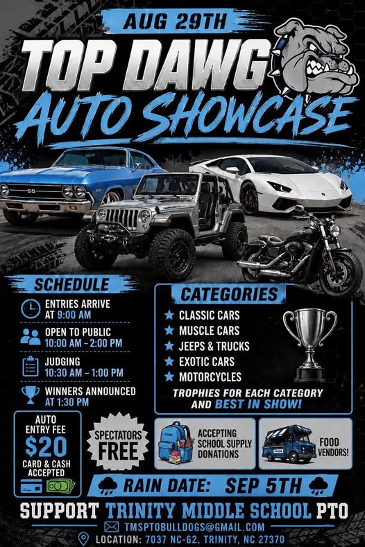 Top Dawg Auto Showcase event at Trinity Middle School in Trinity, NC on August 29, 2026