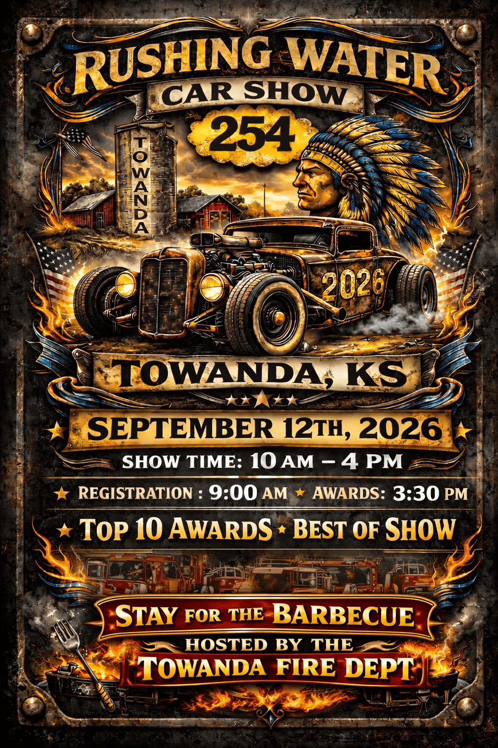 Towanda Fire Dept Rushing Water Car Show event at 
130 S 3rd St in Towanda, KS on September 12, 2026