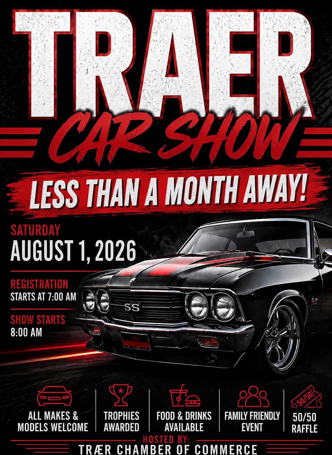 Traer Chamber of Commerce Car Show event at Traer Main Street in Traer, IA on August 1, 2026