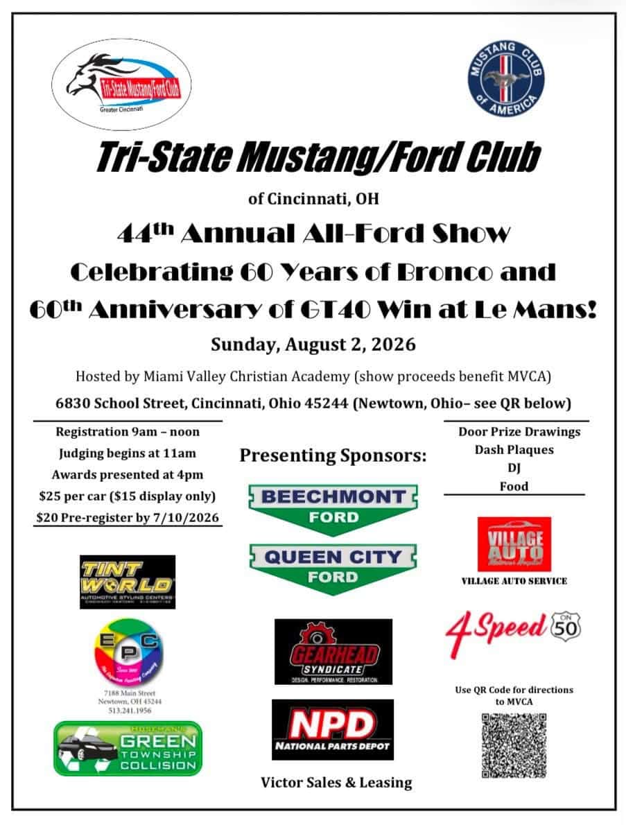 Tri-State Mustang/Ford Club of Cincinnati 44th Annual All-Ford Show event at Miami Valley Christian Academy in Cincinnati, OH on August 2, 2026