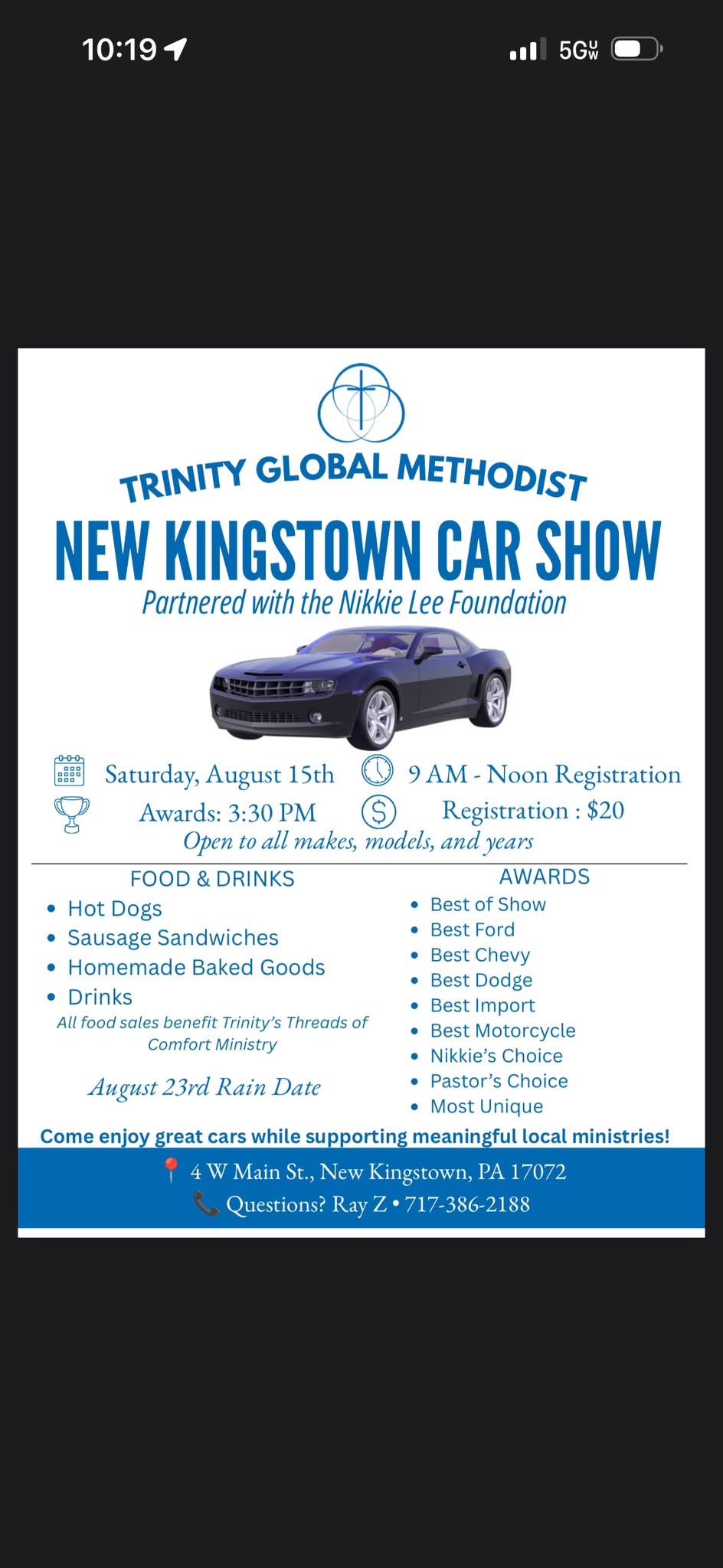 Trinity Global Methodist New Kingstown Car Show event at Trinity Global Methodist Church in New Kingstown, PA on August 23, 2026