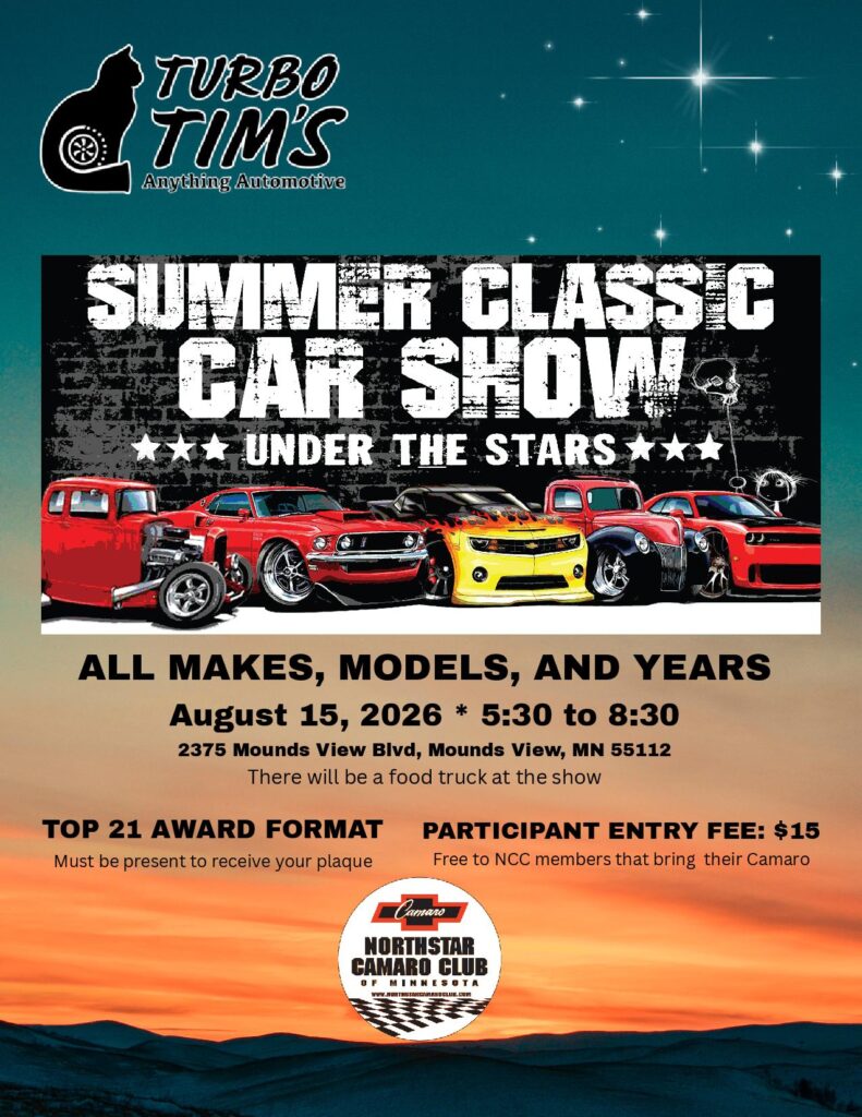 Turbo Tim's Summer Class C Car Show Under the Stars event at Turbo Tim's Anything Automotive in Mounds View, MN on August 15, 2026