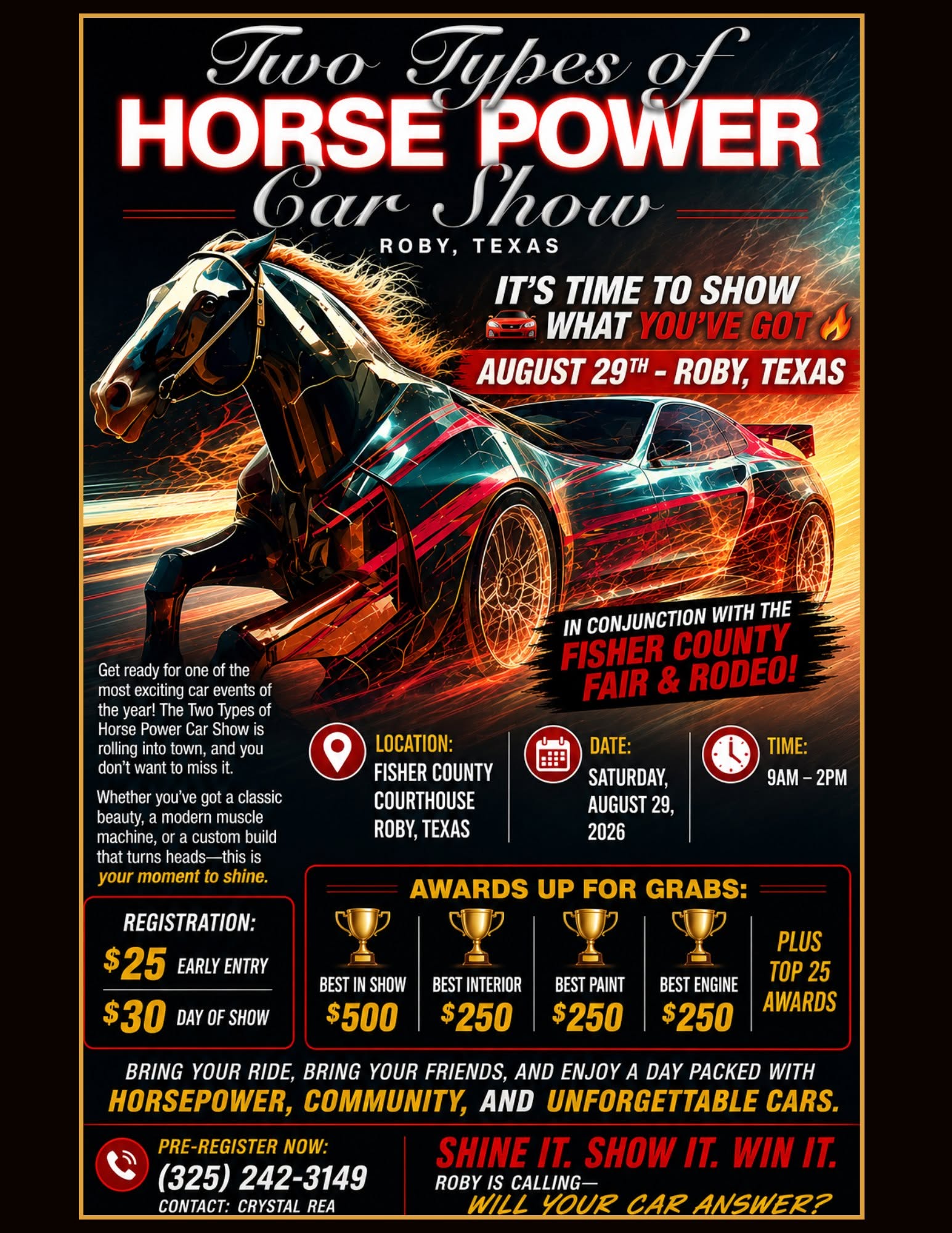 Two Types of Horse Power Car Show event at Fisher County Courthouse in Roby, TX on August 29, 2026