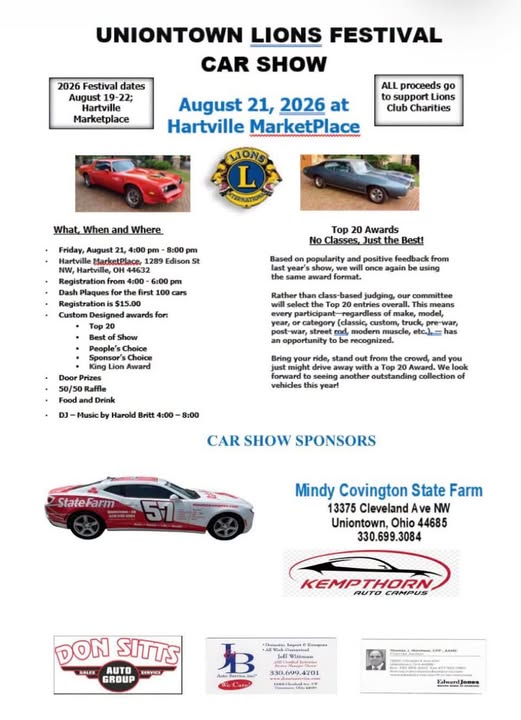 Uniontown Lions Festival Hartville MarketPlace Car Show event at Hartville MarketPlace in Hartville, OH on August 21, 2026