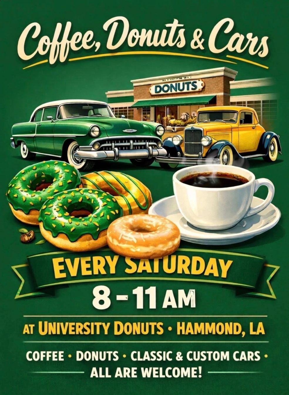 University Donuts Coffee, Donuts & Cars event at University Donuts in Hammond, LA on July 18, 2026